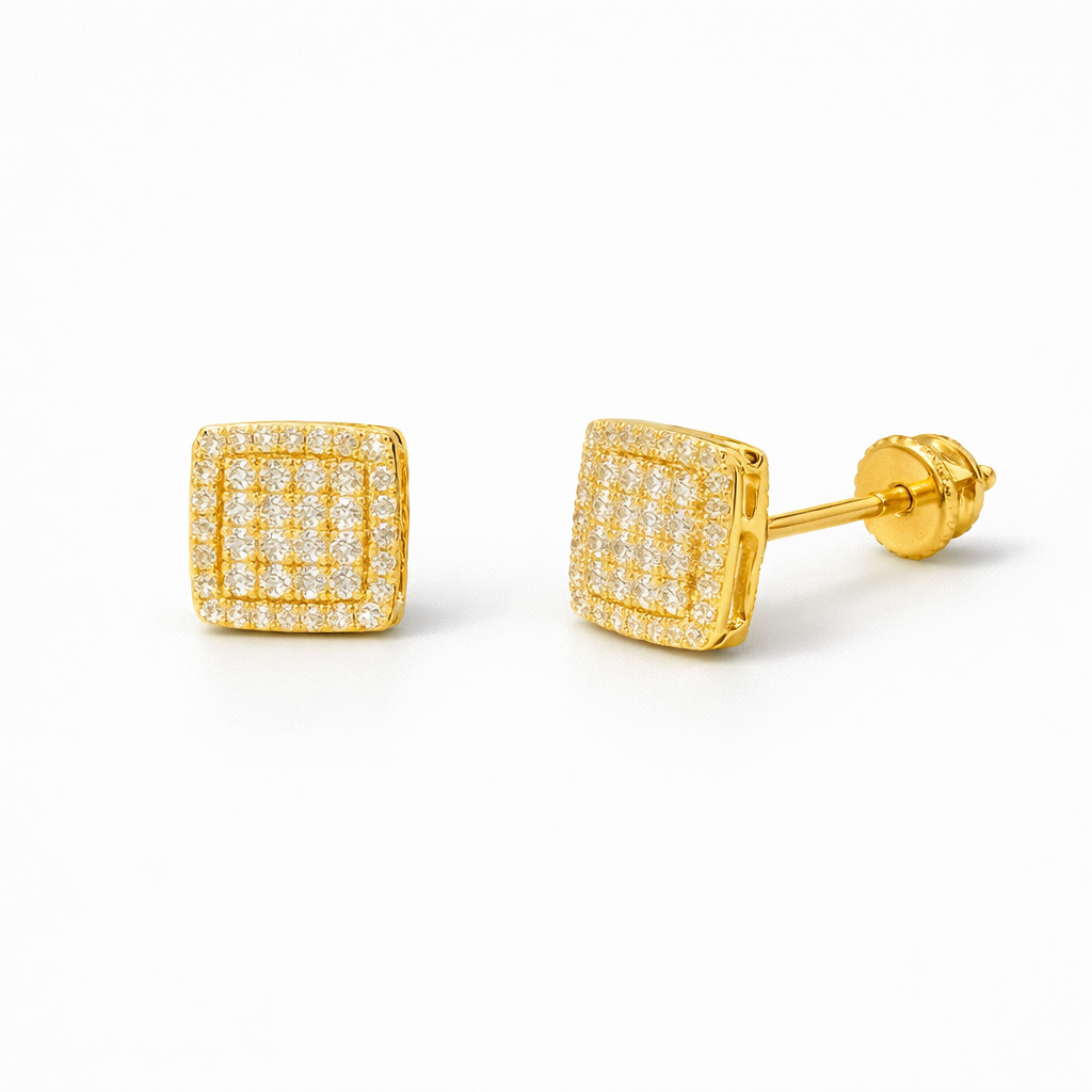 Moissanite Square Pavé Stud Earrings For Women - 10mm Iced-Out Screw-Back Studs - 14K Gold Plated Over 925 Silver