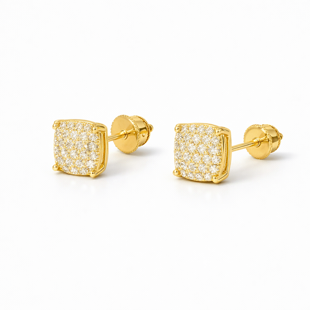 Moissanite Flat Circle Earrings - Unisex Iced Out Pavé Screw-Back Studs - Size 6.5mm - 925 Silver or 14K Gold Plated Over 925 Silver