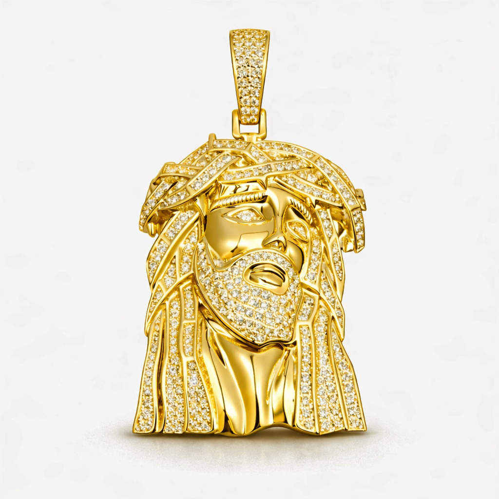 Moissanite Jesus Head Pendant For Men - Iced Out Christ Faith Charm - 925 Silver or 14K Gold Plated Over 925 Silver