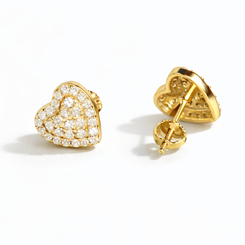 Moissanite Heart Stud Earrings - Pavé Iced-Out Screw-Back Studs For Women - 925 Silver or 14K Gold Plated Over 925 Silver