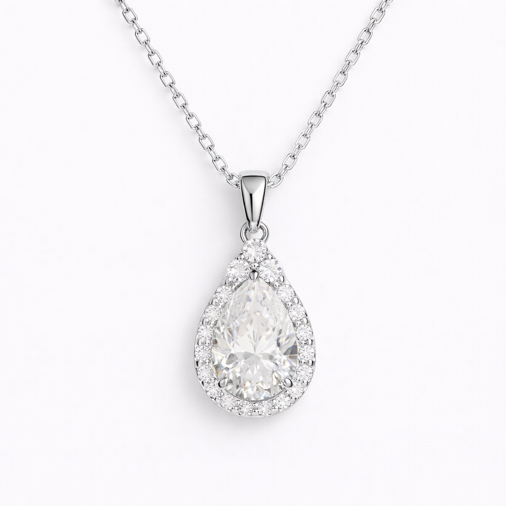 Moissanite Pear Cut Pendant Necklace For Women - Teardrop Halo Iced Out Necklace - 925 Silver - Includes Chain & Pendant