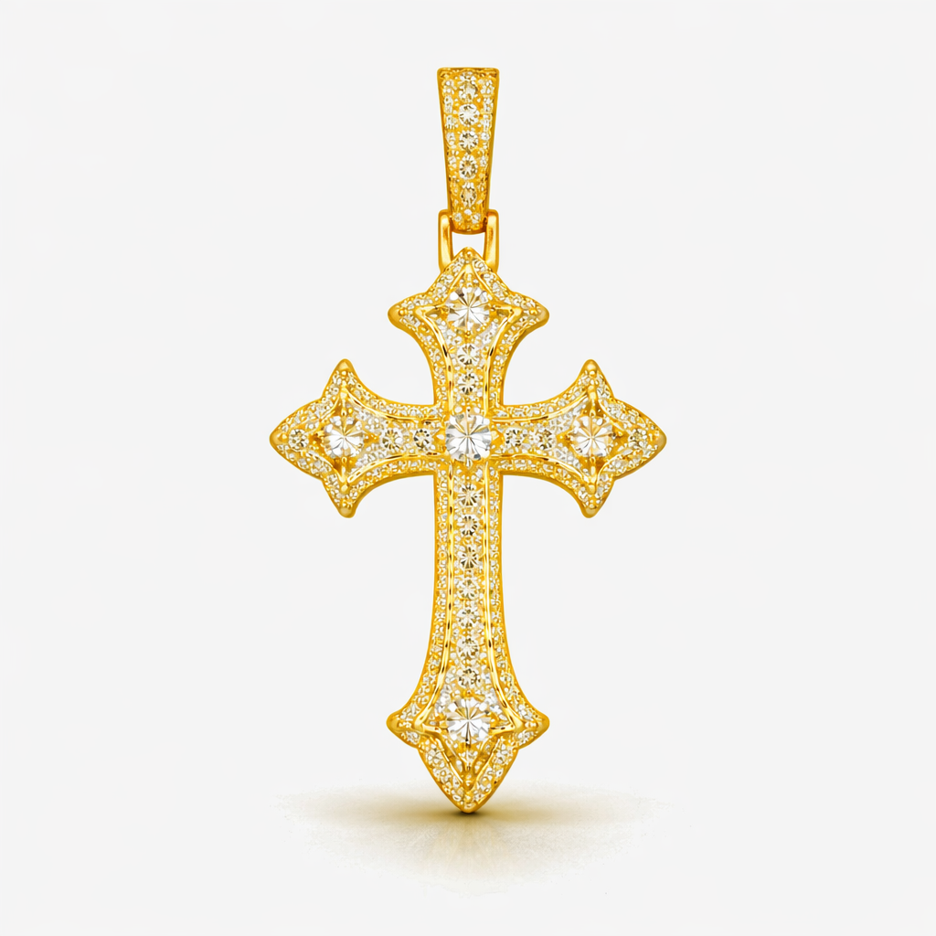 Moissanite Cross Pendant For Men - Iced Pavé Faith Charm Minimal Sharp Style - 925 Silver or 14K Gold Plated Over 925 Silver