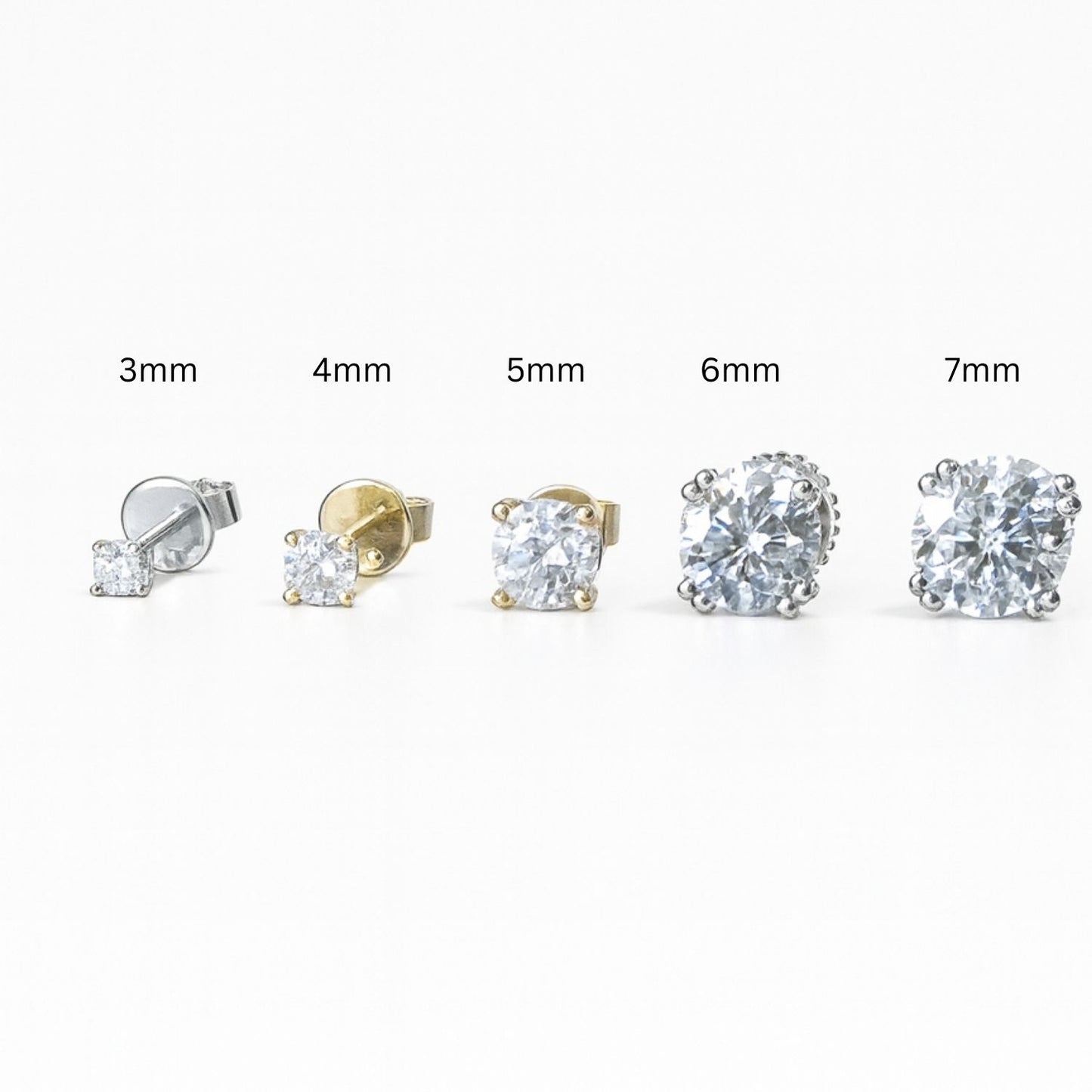 Moissanite Stud Earrings Round Cut - Size 3mm-8mm - 925 Silver or 14K Gold Plated Over 925 Silver
