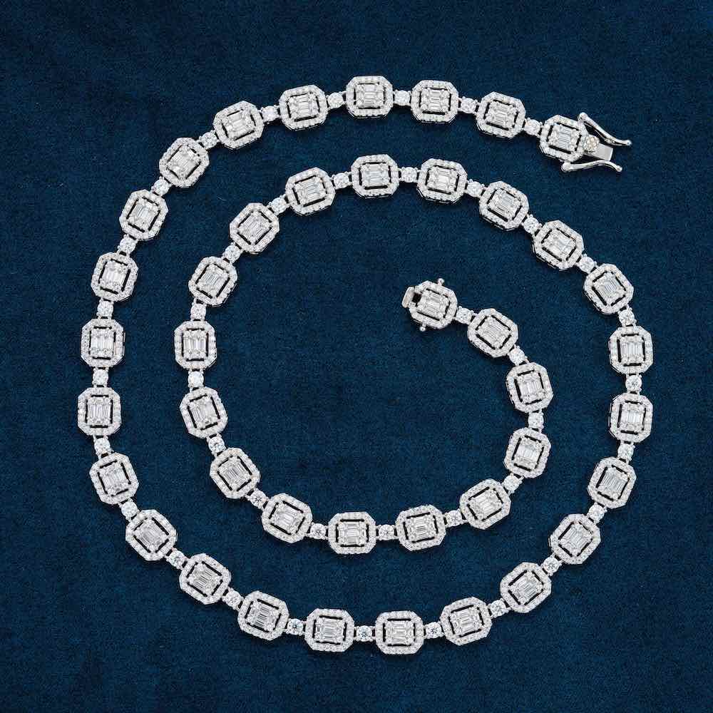 Halo Cluster Baguette Tennis Chain VVS1 Moissanite GRA Certified