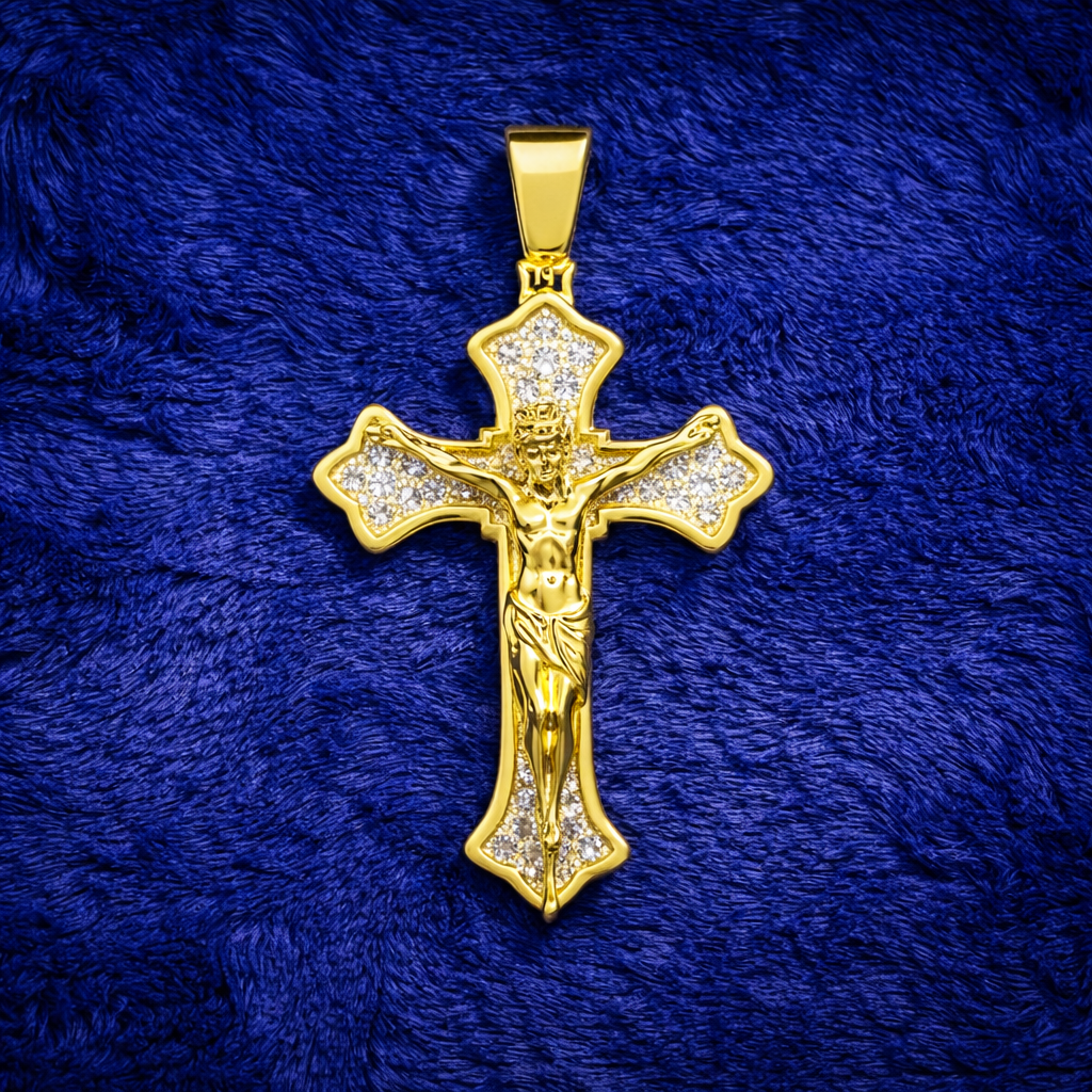 Moissanite Cross Pendant For Men - 18K Gold Plated on 925 Silver Crucifix Pendant with Jesus Figure