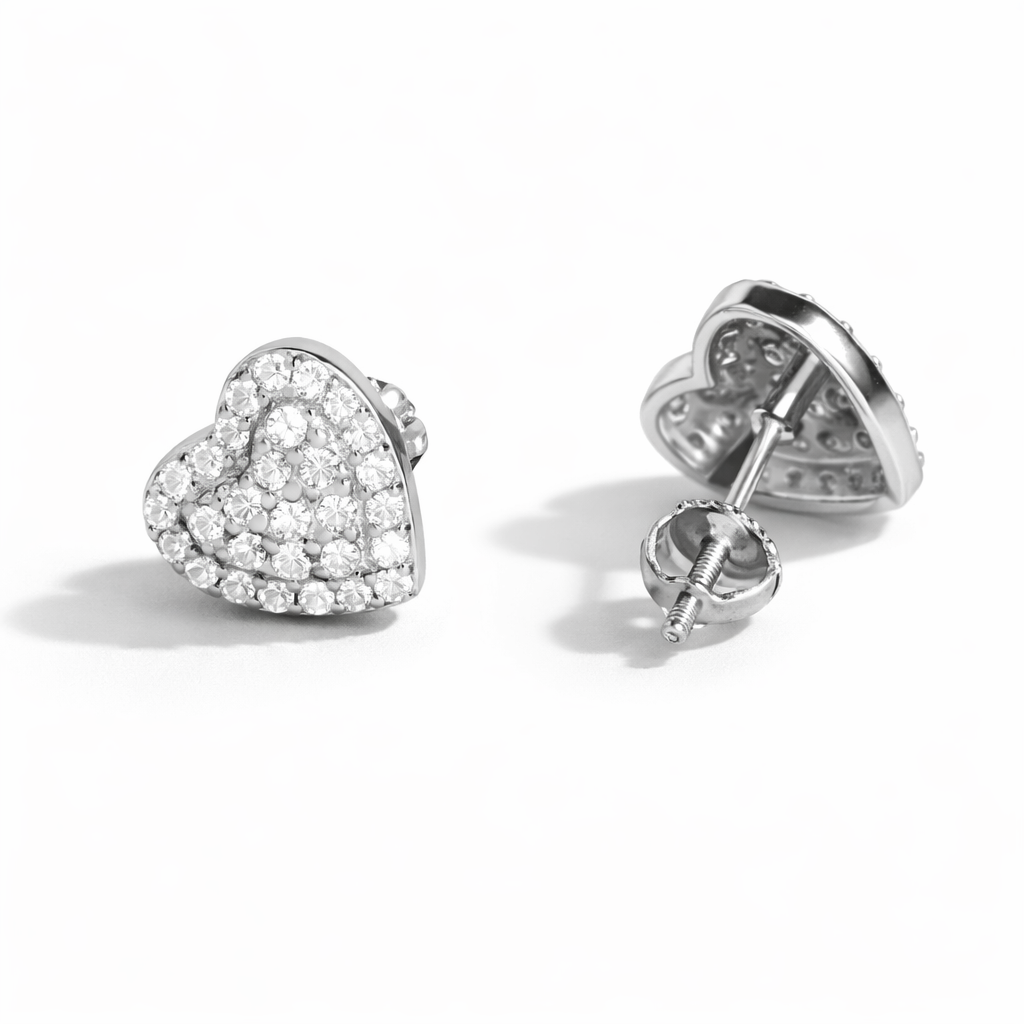 Moissanite Heart Stud Earrings - Pavé Iced-Out Screw-Back Studs For Women - 925 Silver or 14K Gold Plated Over 925 Silver