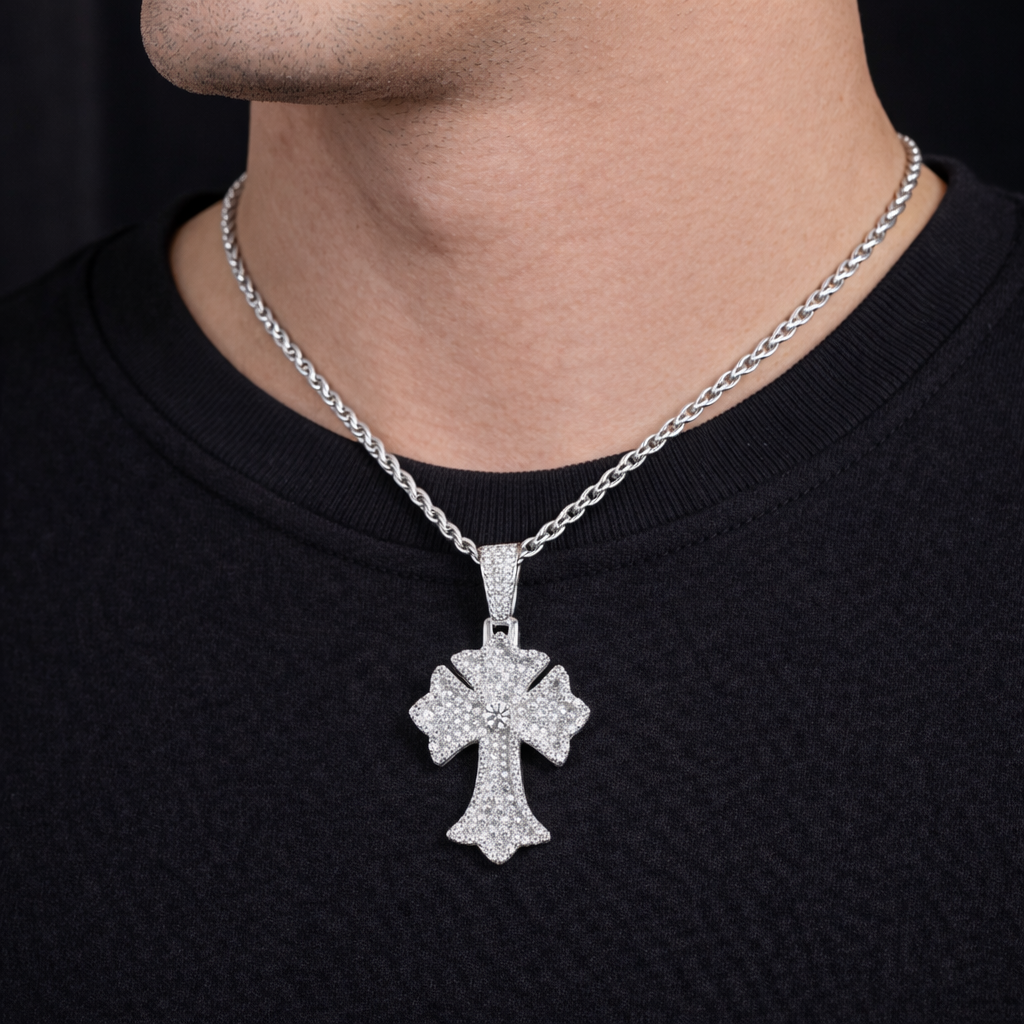 Moissanite Cross Pendant For Men - Iced Pavé Faith Charm Streetwear Style - 925 Silver or 14K Gold Plated Over 925 Silver