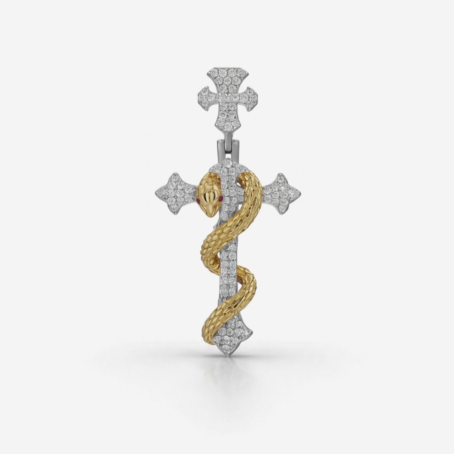 Moissanite Serpent Cross Pendant For Men - Two-Tone 925 Silver & Gold Iced Snake Pendant