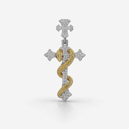 Moissanite Serpent Cross Pendant For Men - Two-Tone 925 Silver & Gold Iced Snake Pendant