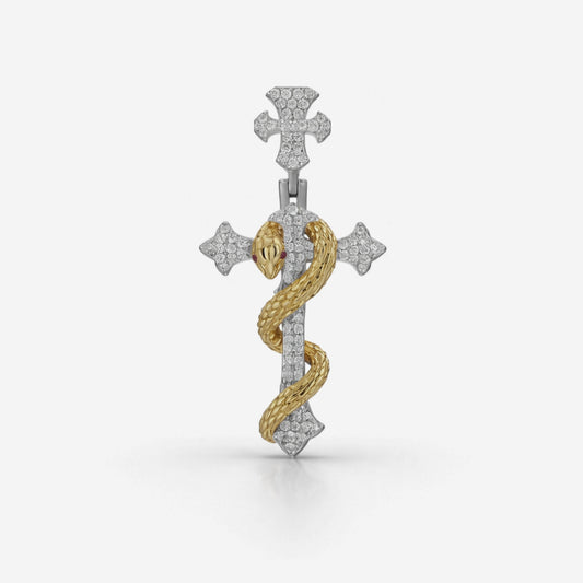 Moissanite Serpent Cross Pendant For Men - Two-Tone 925 Silver & Gold Iced Snake Pendant