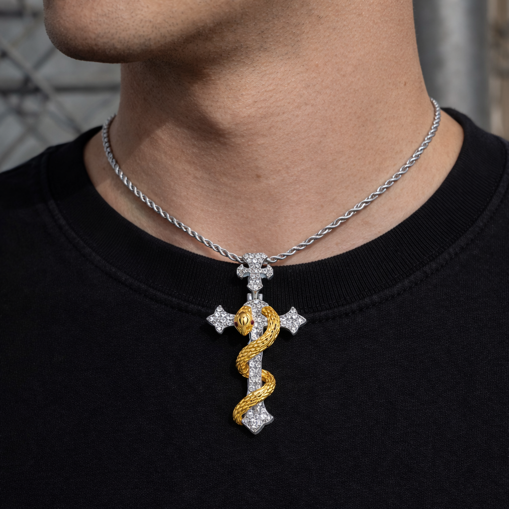 Moissanite Serpent Cross Pendant For Men - Two-Tone 925 Silver & Gold Iced Snake Pendant