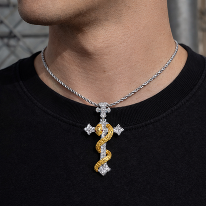 Moissanite Serpent Cross Pendant For Men - Two-Tone 925 Silver & Gold Iced Snake Pendant
