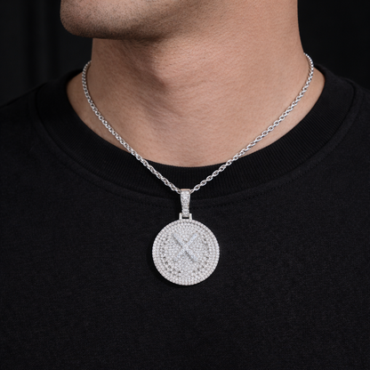 Moissanite Round Cross Medallion Pendant For Men - Iced Circle Pendant - 925 Silver Over 14K Gold Plated on 925 Silver