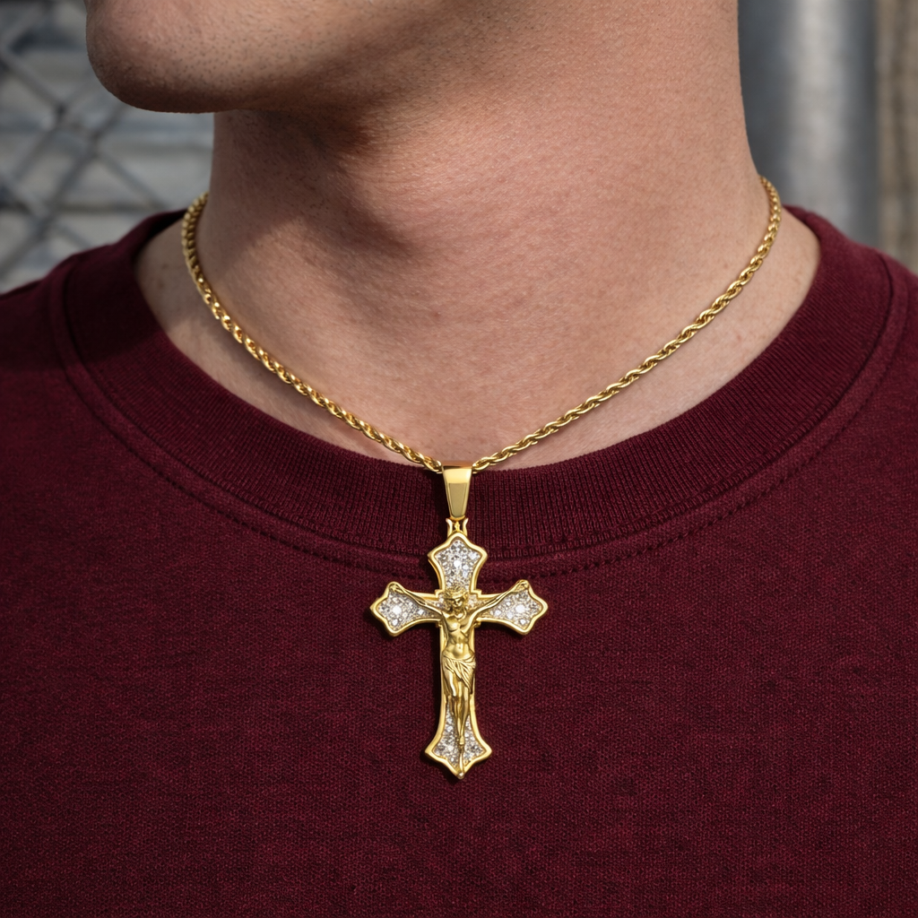 Moissanite Cross Pendant For Men - 18K Gold Plated on 925 Silver Crucifix Pendant with Jesus Figure