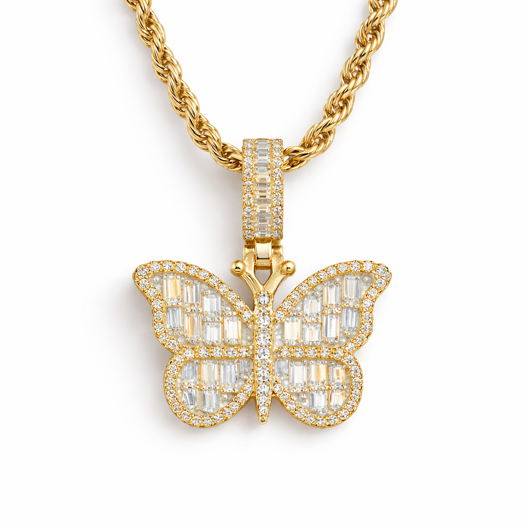 Moissanite Butterfly Pendant For Women - Iced Out Butterfly Charm - 925 Silver or 14K Gold Plated Over 925 Silver