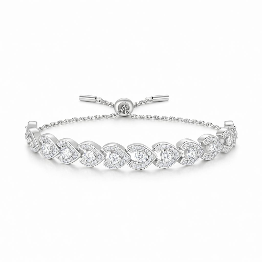 Moissanite Heart Link Bracelet For Women - Adjustable up to 8.27" - 925 Silver