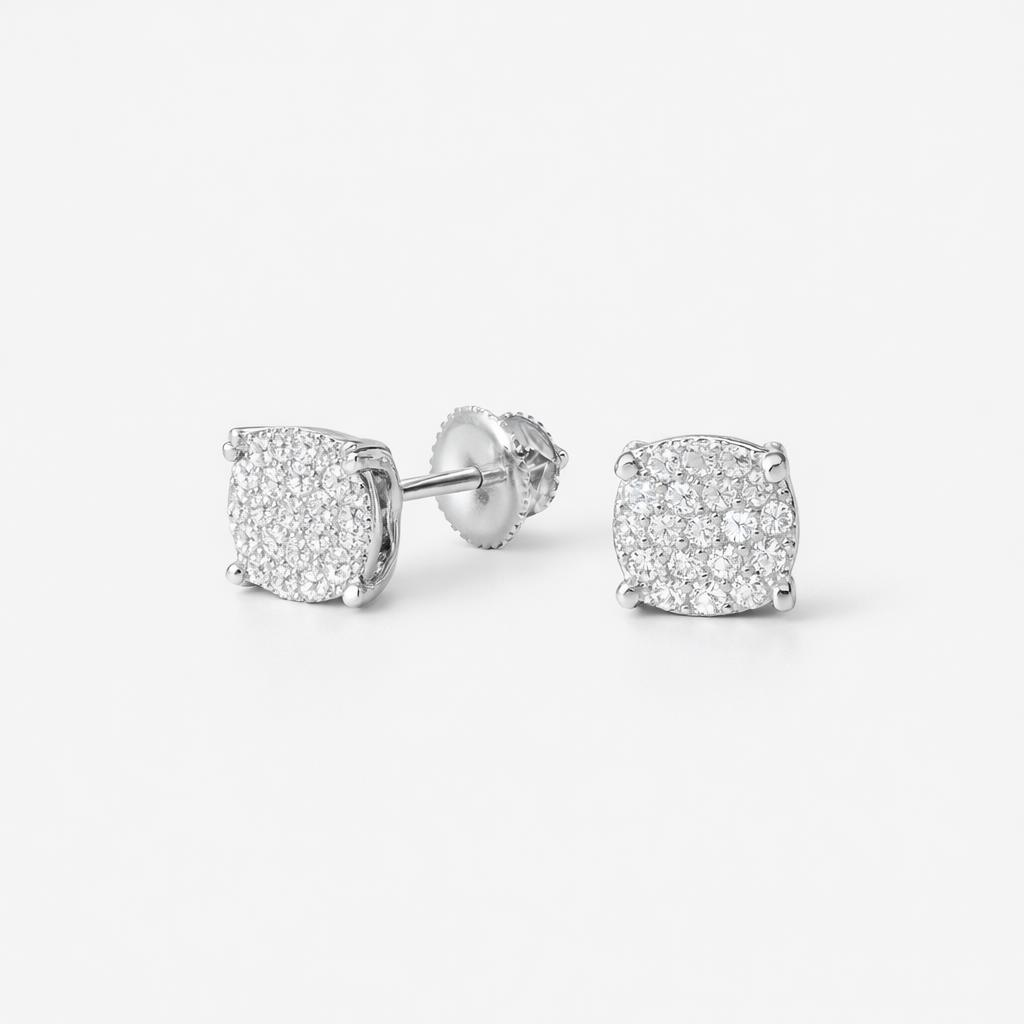 Moissanite Flat Circle Earrings - Unisex Iced Out Pavé Screw-Back Studs - Size 6.5mm - 925 Silver or 14K Gold Plated Over 925 Silver