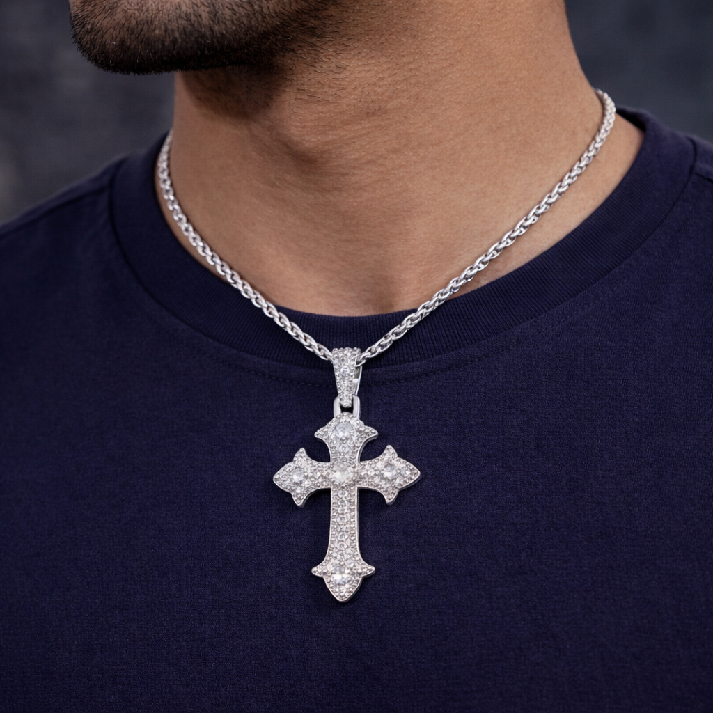 Moissanite Cross Pendant For Men - Iced Pavé Faith Charm Minimal Sharp Style - 925 Silver or 14K Gold Plated Over 925 Silver