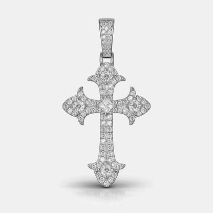 Moissanite Cross Pendant For Men - Iced Fleur Faith Minimalist Streetwear Style Charm - 925 Silver or 14K Gold Plated Over 925 Silver