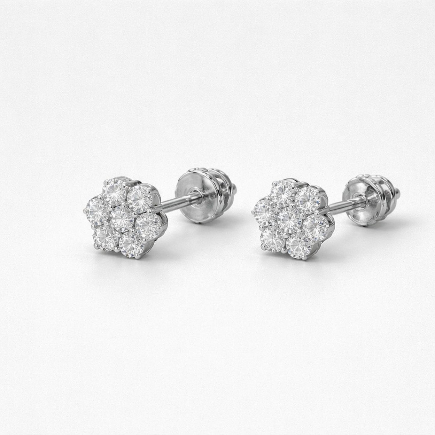 Moissanite Cluster Stud Earrings - Unisex Size 9mm Flower Pavé Screw-Back Studs - 925 Silver or 14K Gold Plated Over 925 Silver