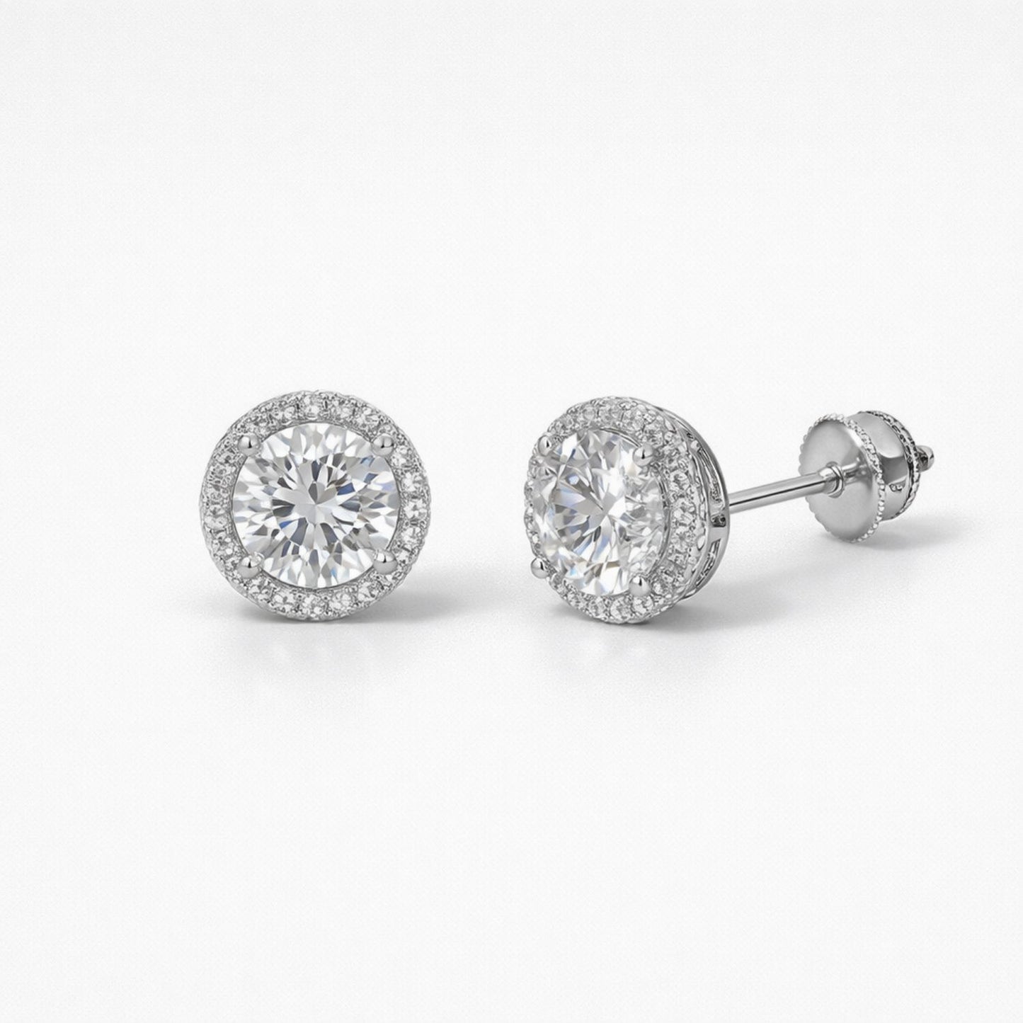 Moissanite Round Halo Stud Earrings - Unisex Size 5mm Iced Out Screw-Back Studs - 925 Silver or 14K Gold Plated Over 925 Silver