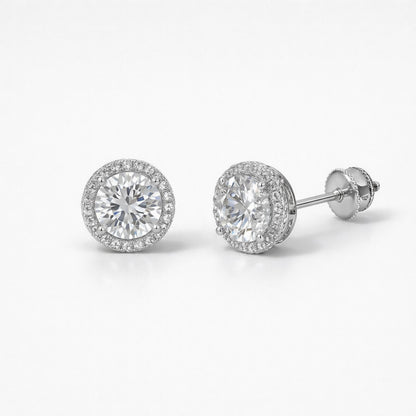 Moissanite Round Halo Stud Earrings - Unisex Size 5mm Iced Out Screw-Back Studs - 925 Silver or 14K Gold Plated Over 925 Silver