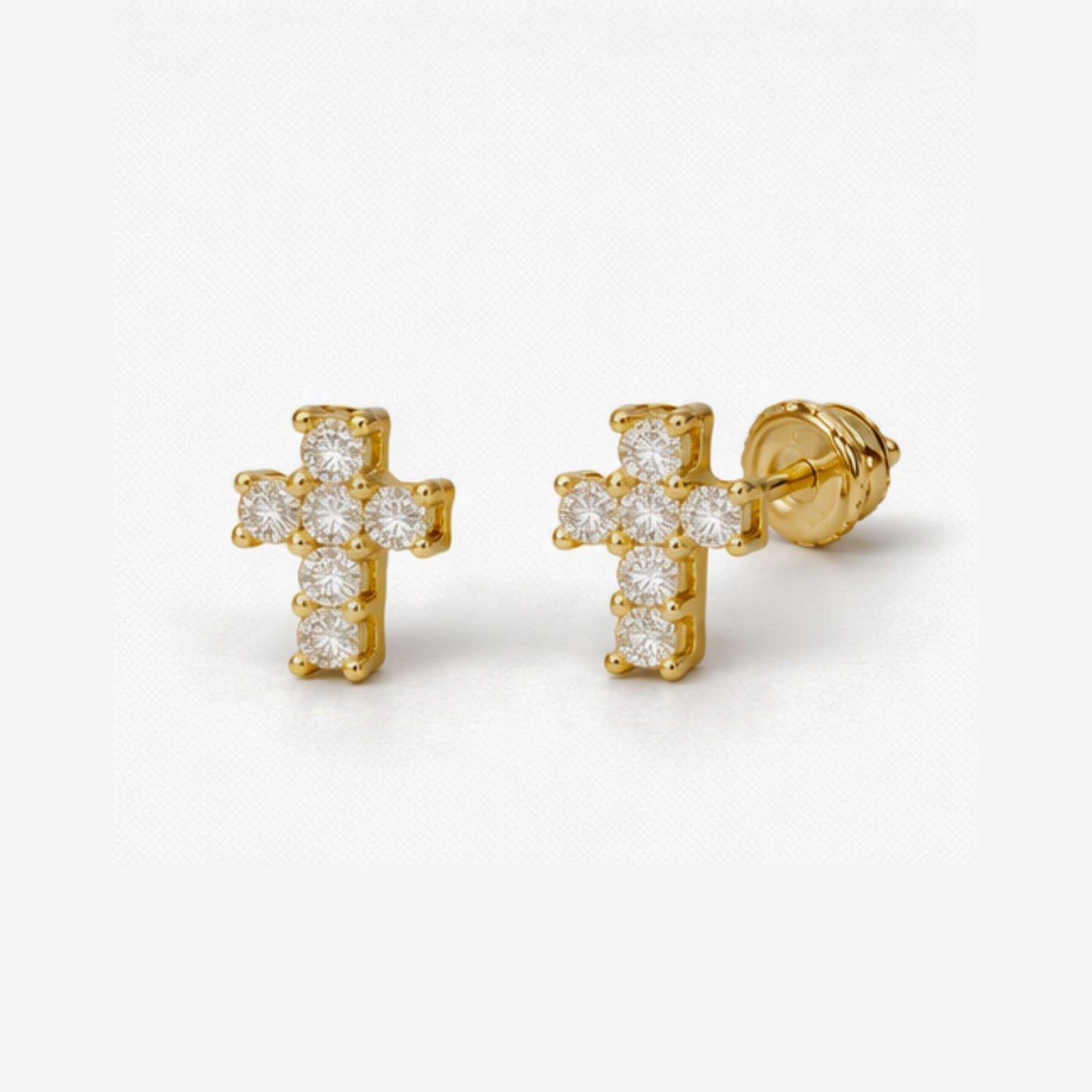 Moissanite Cross Stud Earrings - Unisex Iced-Out Screw-Back Studs - 925 Silver or 14K Gold Plated Over 925 Silver