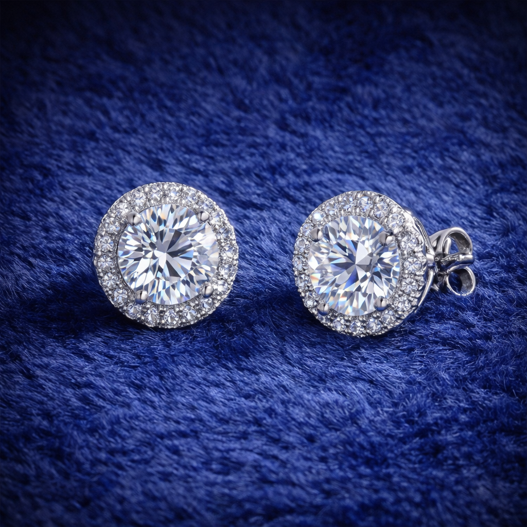 Moissanite Round Halo Stud Earrings - Unisex Size 5mm Iced Out Screw-Back Studs - 925 Silver or 14K Gold Plated Over 925 Silver