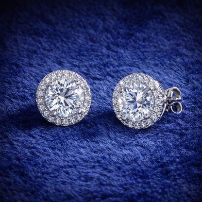 Moissanite Round Halo Stud Earrings - Unisex Size 5mm Iced Out Screw-Back Studs - 925 Silver or 14K Gold Plated Over 925 Silver
