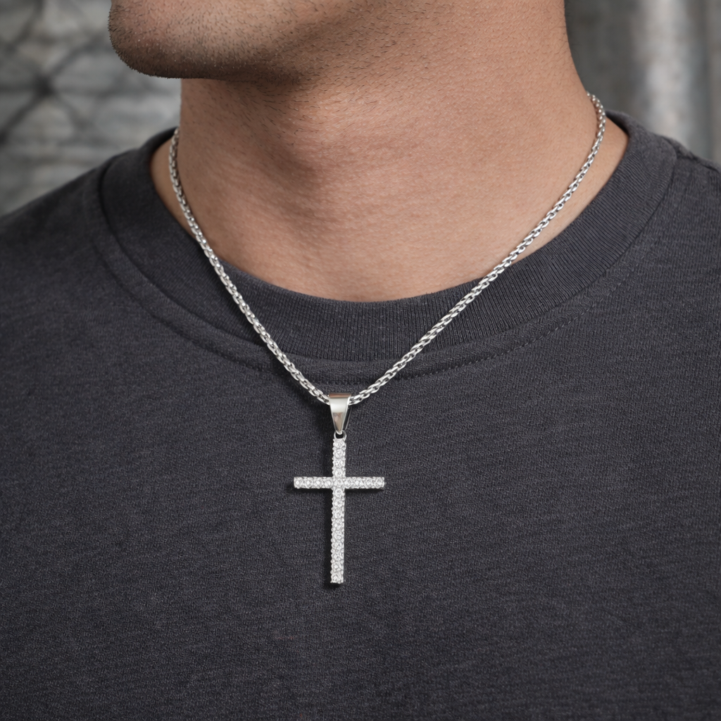Moissanite Cross Pendant Iced Out Minimalist Unisex - 925 Silver or 14K Gold Plated Over 925 Silver