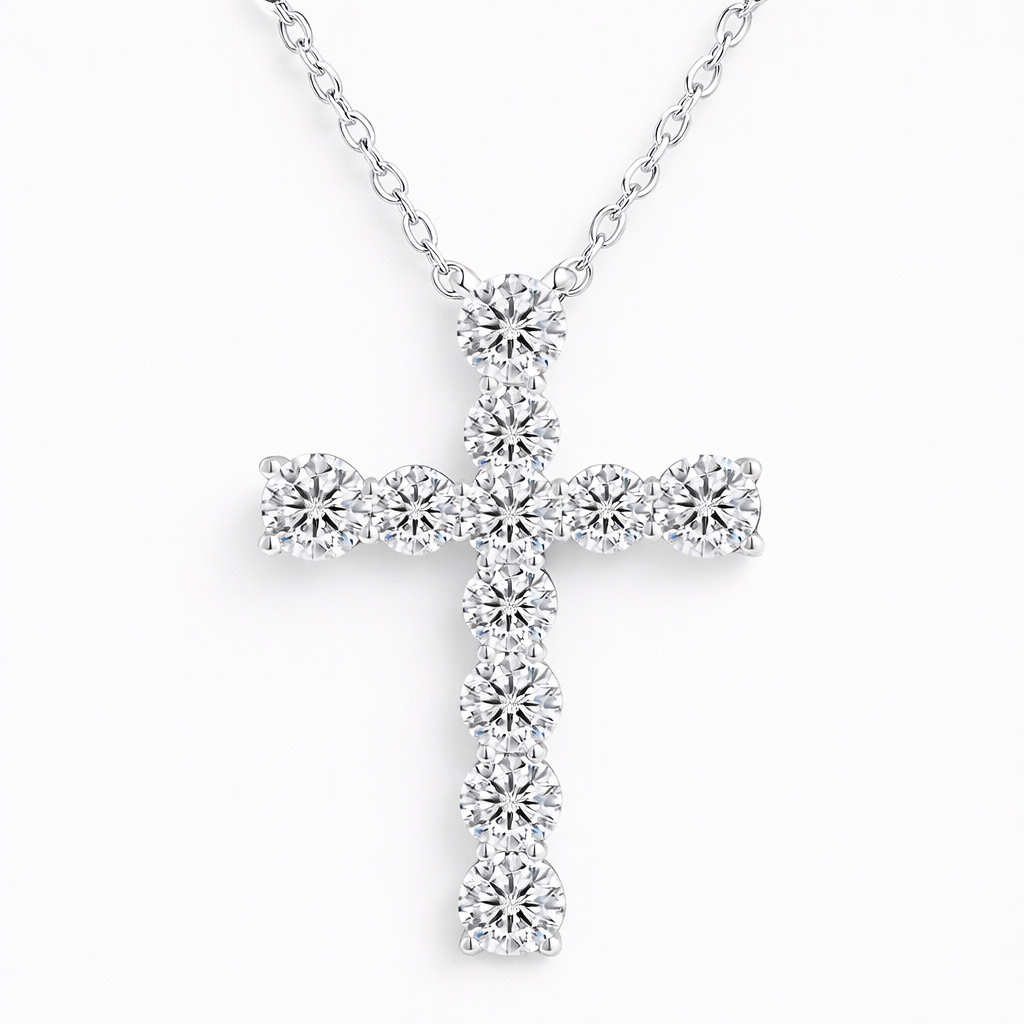 Moissanite Cross Pendant Necklace - Unisex 1CTW Round Cut - 925 Silver - 18” Chain + 2” Extension