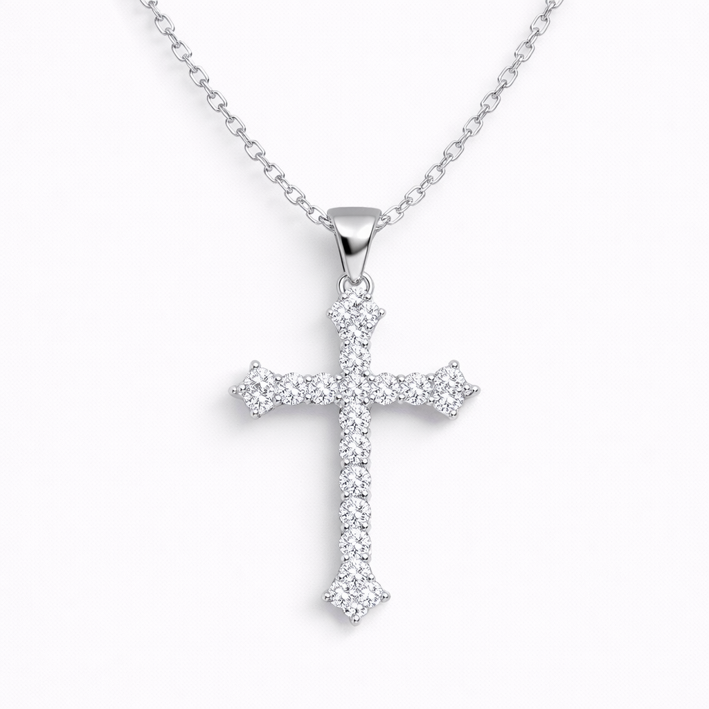 Moissanite Cross Pendant Necklace - Unisex Minimalist Pavé Cross with Round-Cut Stones - 925 Silver - Includes Chain