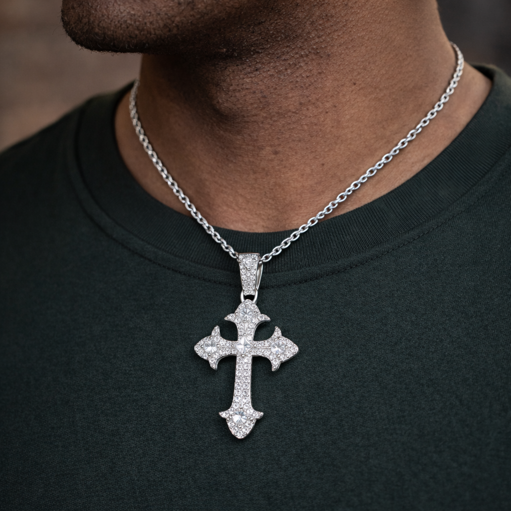 Moissanite Cross Pendant For Men - Iced Fleur Faith Minimalist Streetwear Style Charm - 925 Silver or 14K Gold Plated Over 925 Silver
