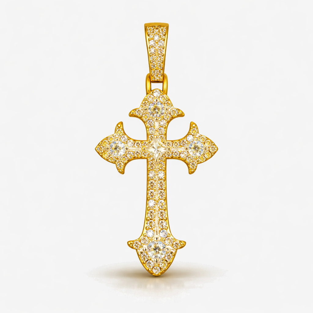 Moissanite Cross Pendant For Men - Iced Fleur Faith Minimalist Streetwear Style Charm - 925 Silver or 14K Gold Plated Over 925 Silver