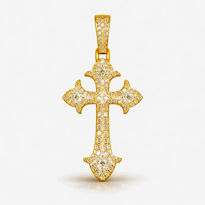 Moissanite Cross Pendant For Men - Iced Fleur Faith Minimalist Streetwear Style Charm - 925 Silver or 14K Gold Plated Over 925 Silver