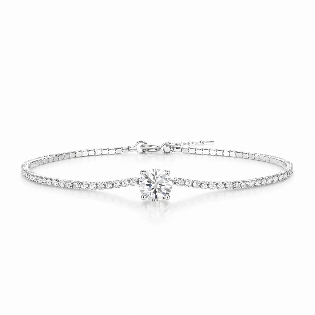 Moissanite Solitaire Bracelet For Women - 1CT (6.5mm) - Adjustable up to 8.27" - 925 Silver