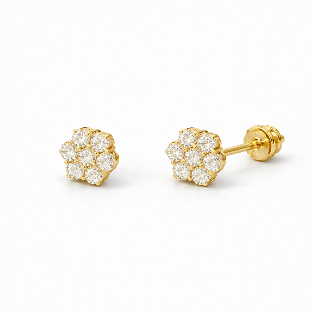Moissanite Cluster Stud Earrings - Unisex Size 9mm Flower Pavé Screw-Back Studs - 925 Silver or 14K Gold Plated Over 925 Silver