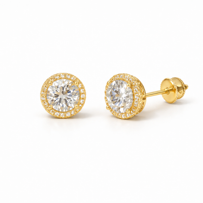 Moissanite Round Halo Stud Earrings - Unisex Size 5mm Iced Out Screw-Back Studs - 925 Silver or 14K Gold Plated Over 925 Silver
