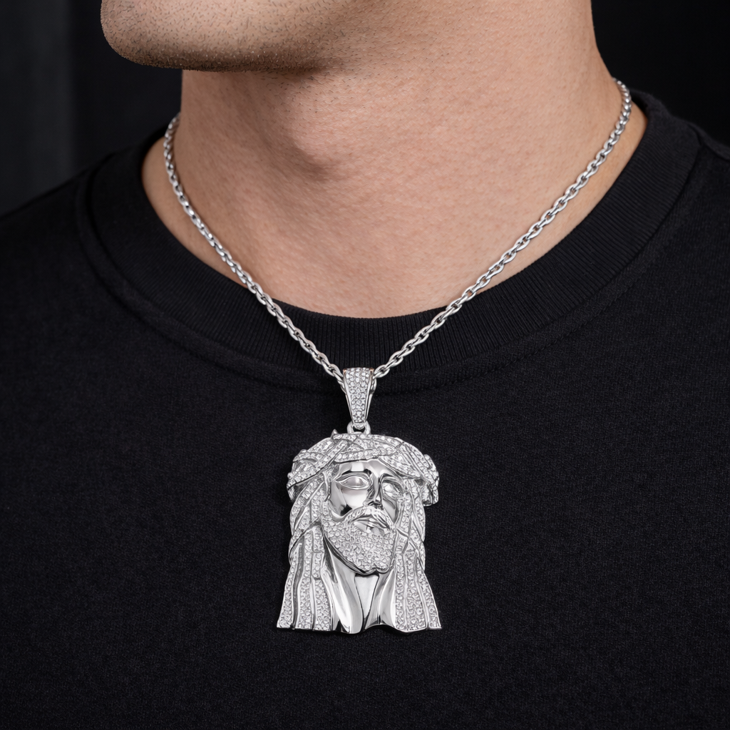 Moissanite Jesus Head Pendant For Men - Iced Out Christ Faith Charm - 925 Silver or 14K Gold Plated Over 925 Silver
