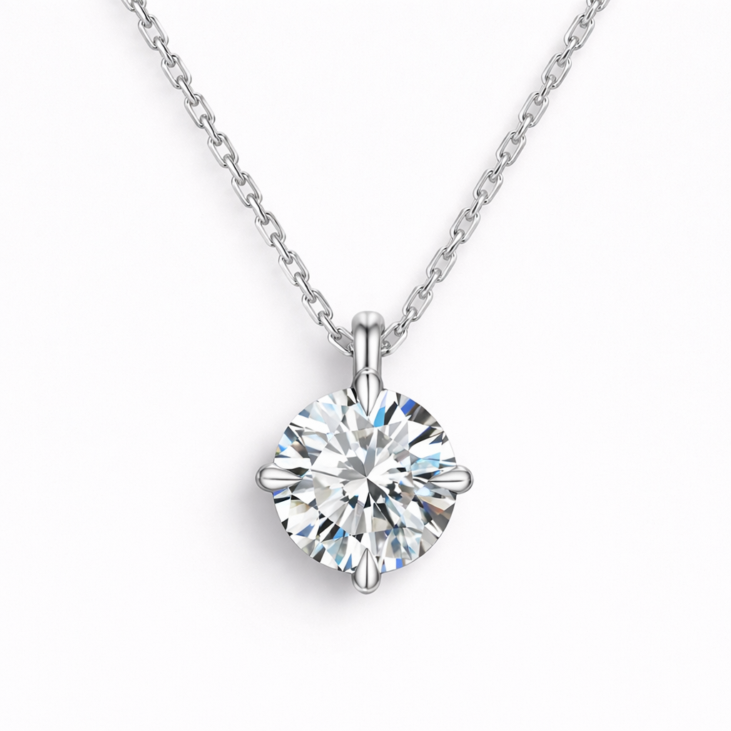 Moissanite Solitaire Pendant Necklace For Women - 1CT Round Cut - 925 Silver - 18" Chain with Extension