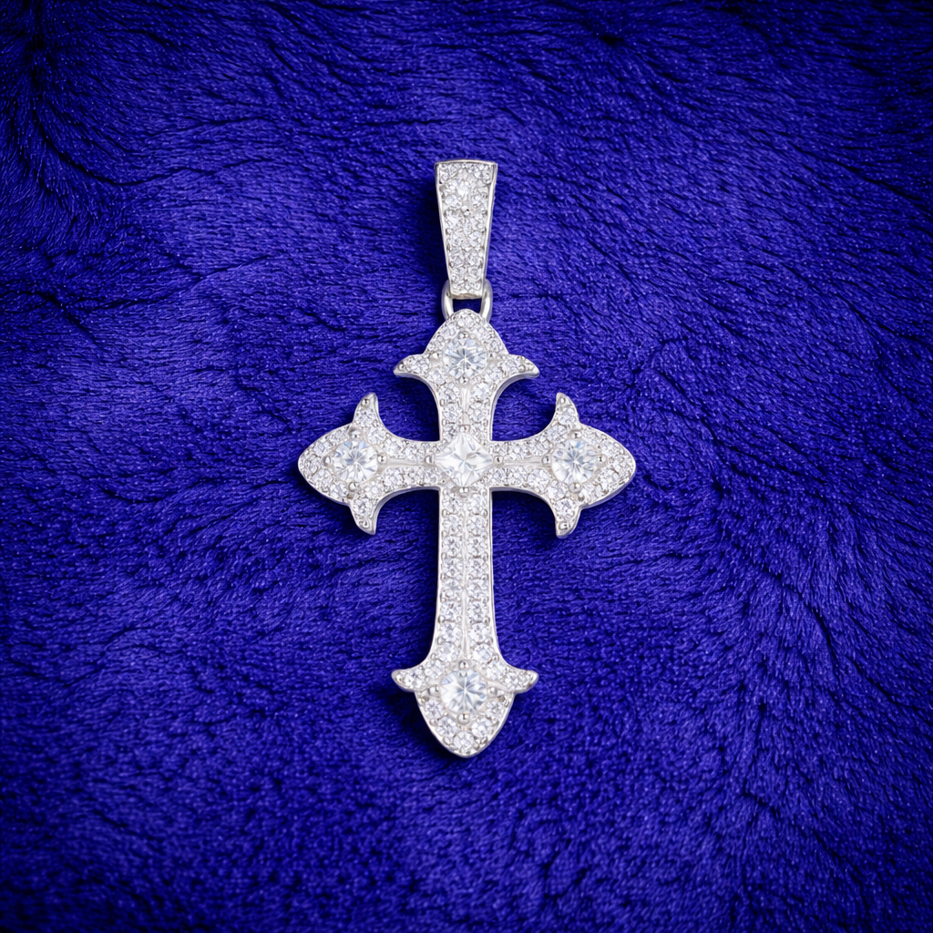 Moissanite Cross Pendant For Men - Iced Fleur Faith Minimalist Streetwear Style Charm - 925 Silver or 14K Gold Plated Over 925 Silver