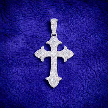 Moissanite Cross Pendant For Men - Iced Fleur Faith Minimalist Streetwear Style Charm - 925 Silver or 14K Gold Plated Over 925 Silver