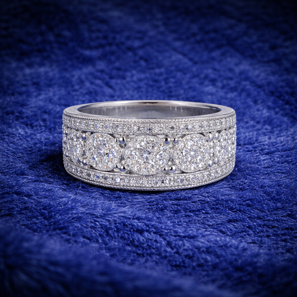 Moissanite Three-Row Pavé Band Ring - Unisex Iced Statement Ring - 925 Silver