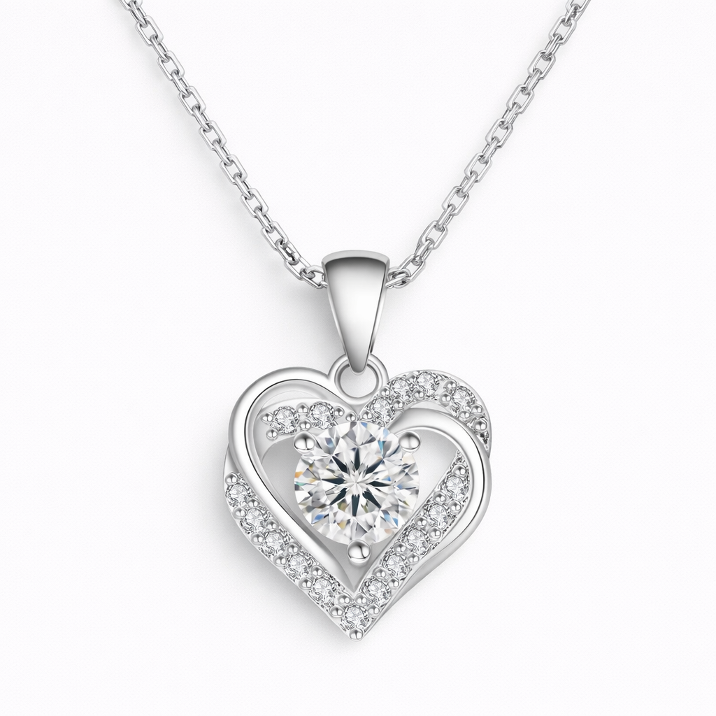 Moissanite Heart Pendant Necklace For Women - 1CT Round Cut - 925 Silver - 18” Chain + 2” Extension