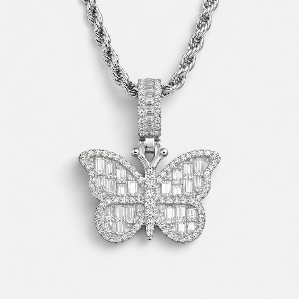 Moissanite Butterfly Pendant For Women - Iced Out Butterfly Charm - 925 Silver or 14K Gold Plated Over 925 Silver