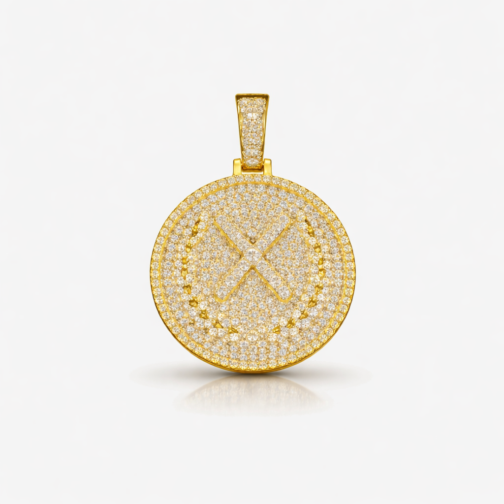 Moissanite Round Cross Medallion Pendant For Men - Iced Circle Pendant - 925 Silver Over 14K Gold Plated on 925 Silver