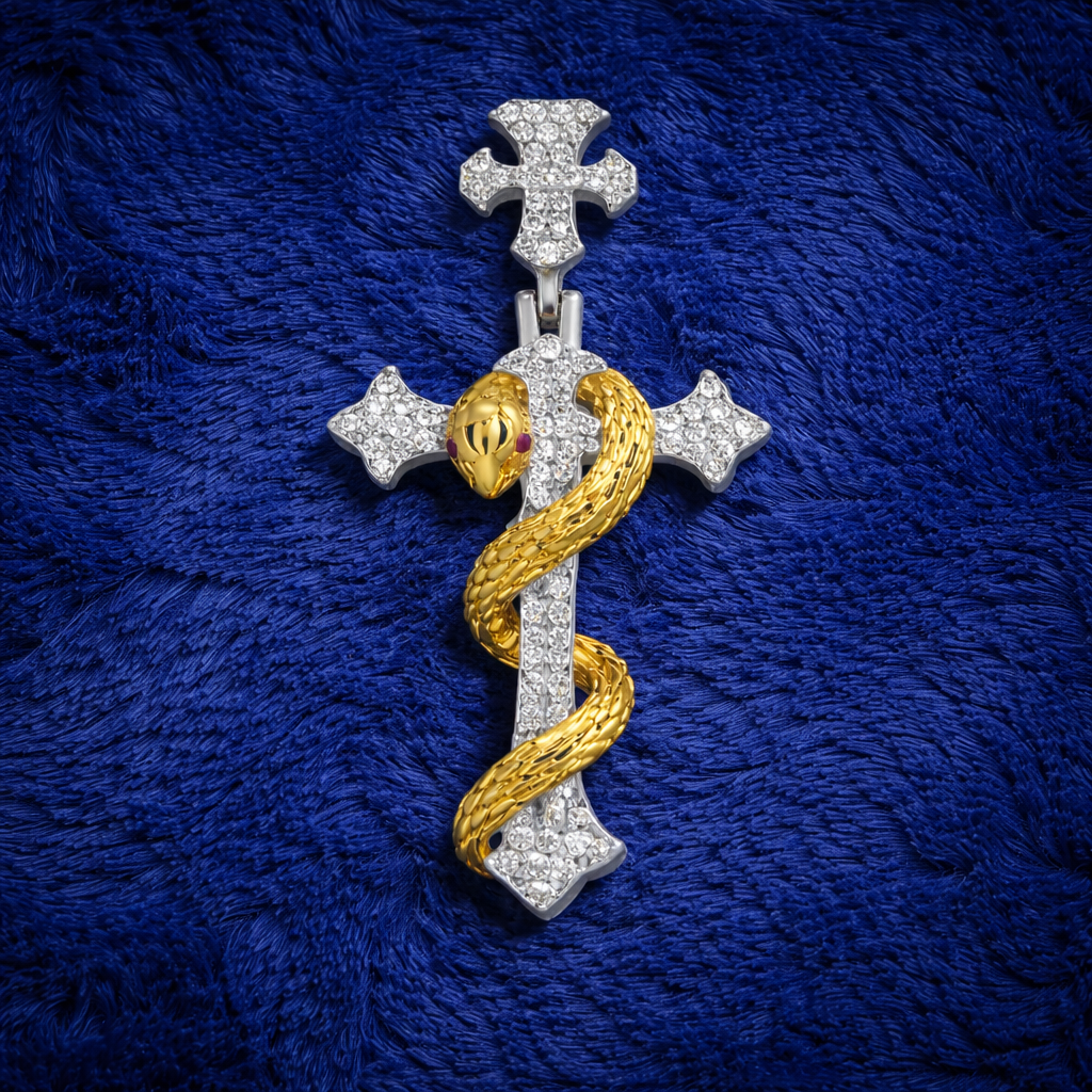 Moissanite Serpent Cross Pendant For Men - Two-Tone 925 Silver & Gold Iced Snake Pendant