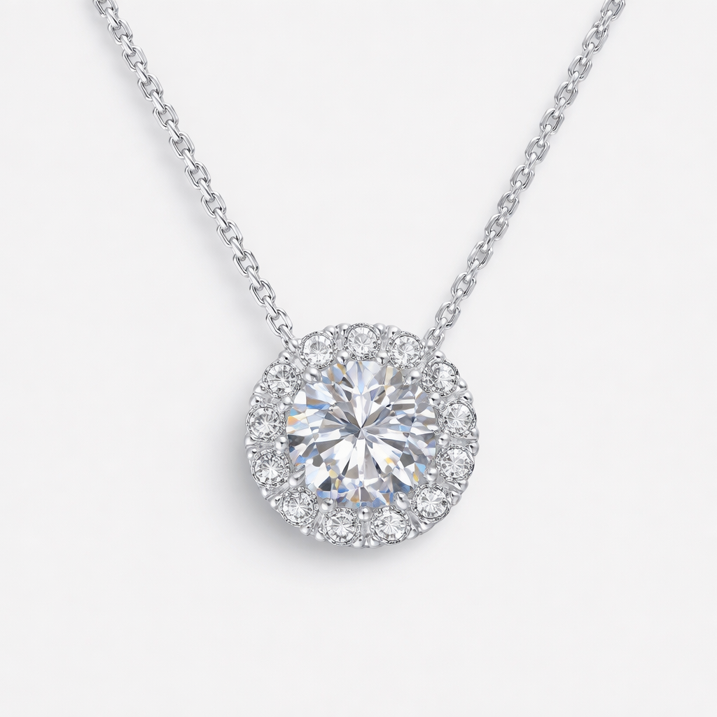 Moissanite Round Halo Pendant Necklace For Women - 1CT 6.5mm Center - 925 Silver - 18” + 2” Extension