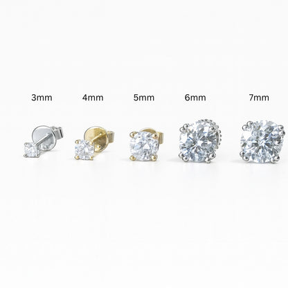 Moissanite Stud Earrings Round Cut - Size 3mm-8mm - 925 Silver or 14K Gold Plated Over 925 Silver