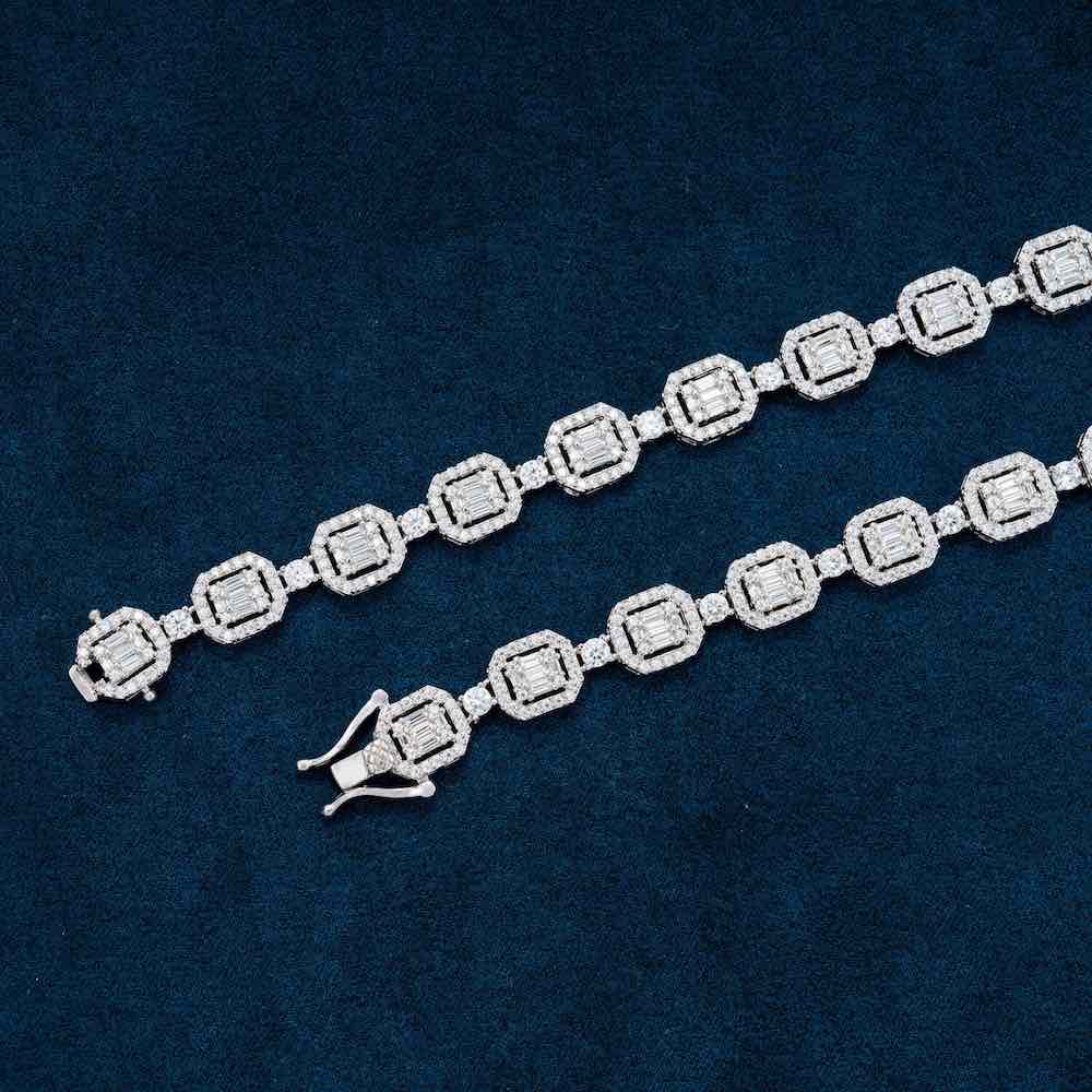 Halo Cluster Baguette Tennis Chain VVS1 Moissanite GRA Certified